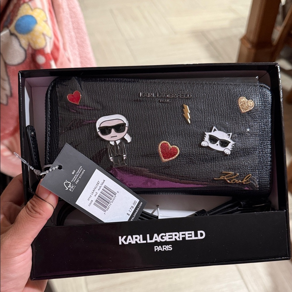 Solddddd Karl Lagerfeld Black Zip-Around Wallet with Enamel Character Patches
